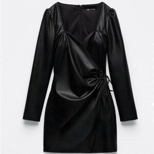 Zara FAUX LEATHER WRAP DRESS Black